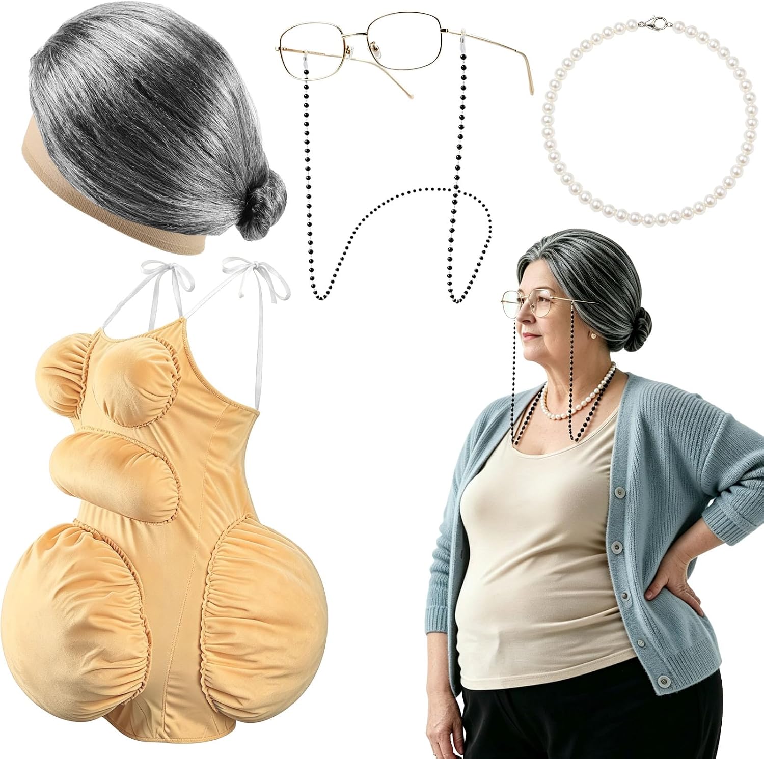 Pearl Necklace - ชุดคอสตูมหญิงชราอ้วน ชุดหน้าท้องและหน้าอกปลอมสำหรับผู้ใหญ่ พร้อมวิกผมสีเทา สร้อยไข่มุก แว่นตา ชุดฮาโลวีนสุดฮา