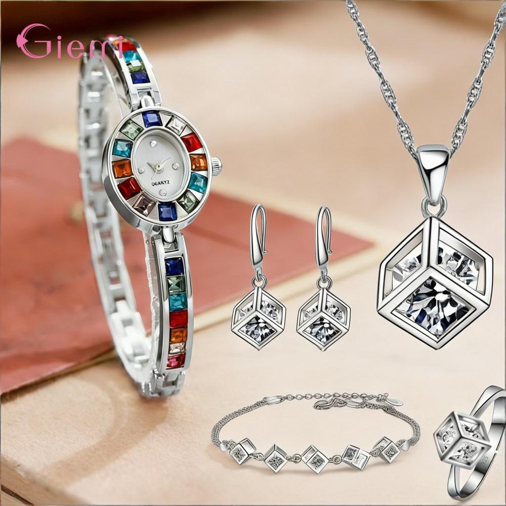 Best Jewelry Watches Women - สวยหรู 925 เงินสเตอร์ลิงรูปทรงเรขาคณิตคริสตัลเซอร์คอนสร้อยคอต่างหูนาฬิกาชุดสำหรับผู้หญิงสาววันวาเลนไทน์ของขวัญเครื่องประดับที่ดีที่สุด