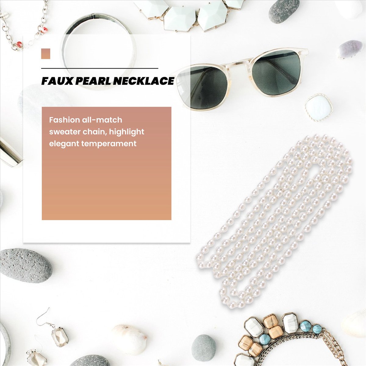 Pearl Necklace - สร้อยคอโซ่ยาวประดับมุกเทียม ABQR สีขาว
