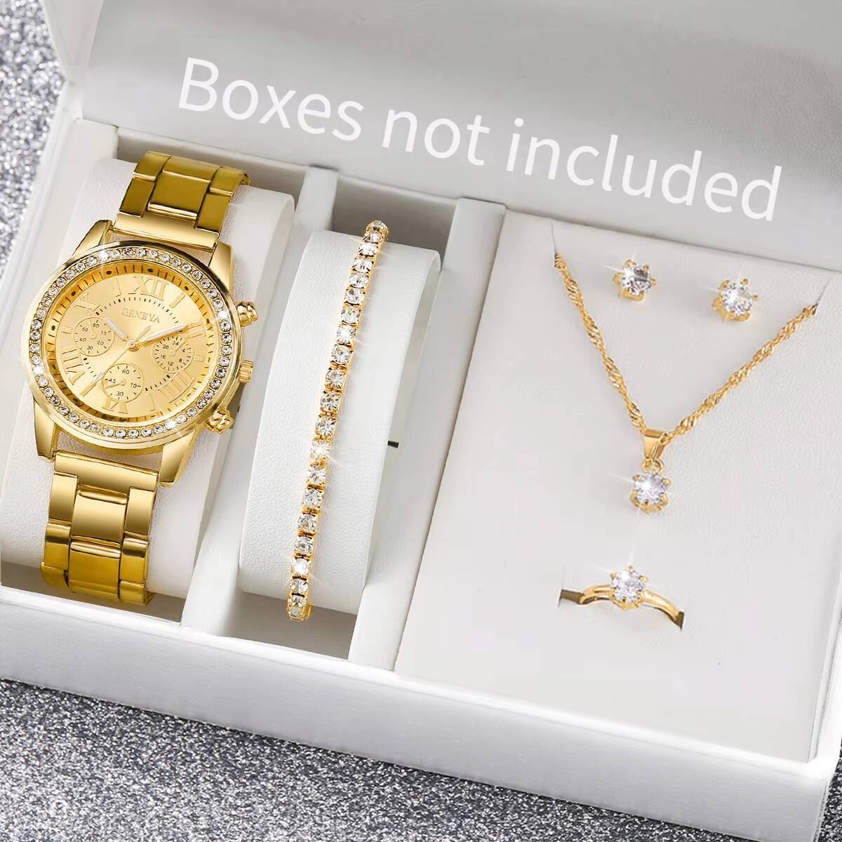 Jewelry Like Watches - 6 ชิ้น/เซ็ตแฟชั่นไรน์สโตนนาฬิกาผู้หญิงนาฬิกาข้อมือควอตซ์แบบแอนะล็อกชุดเครื่องประดับเรลิโอ เฟมินีโน(ไม่มีกล่อง)