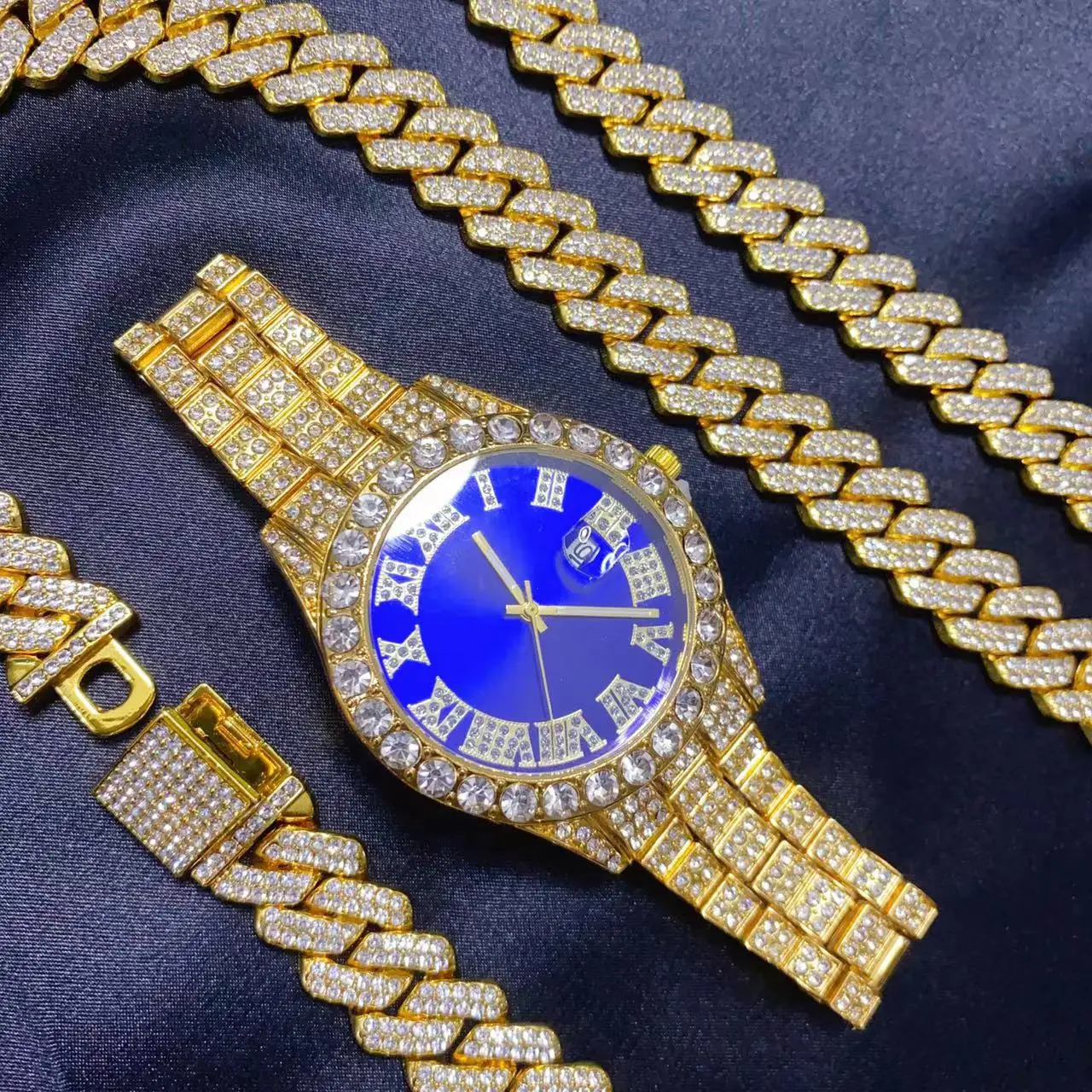 Icebox Jewelry Watches - ชุดเครื่องประดับฮิปฮอป 3 ชิ้น ประกอบด้วยนาฬิกา สร้อยคอ และกำไลข้อมือสำหรับผู้ชาย