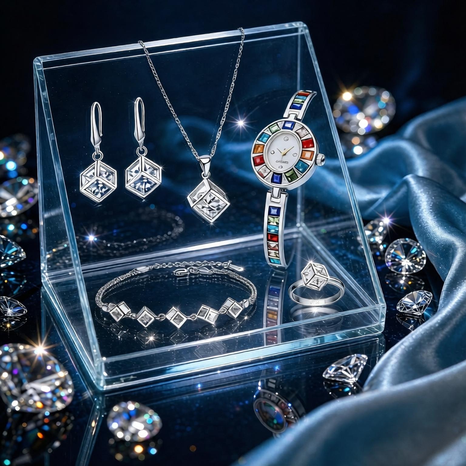 Best Jewelry Watches Women - ชุดเครื่องประดับหรูหรา 925 เงินแท้ ประดับคริสตัลเซอร์คอนรูปทรงเรขาคณิต ประกอบด้วยสร้อยคอ แหวน