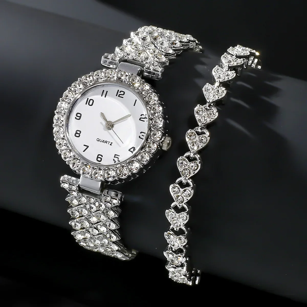 Jewelry Like Watches - ชุดนาฬิกาข้อมือแฟชั่นหรูหราสำหรับผู้หญิง 1 ชิ้น/2 ชิ้น สายสีเงิน นาฬิกาควอตซ์