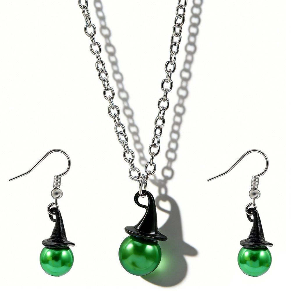 Pearl Necklace - หมวกแม่มดและมงกุฎสไตล์ Wicked พร้อมสร้อยคอไข่มุก ต่างหู ชุดเครื่องประดับ คอสเพลย์ดนตรี
