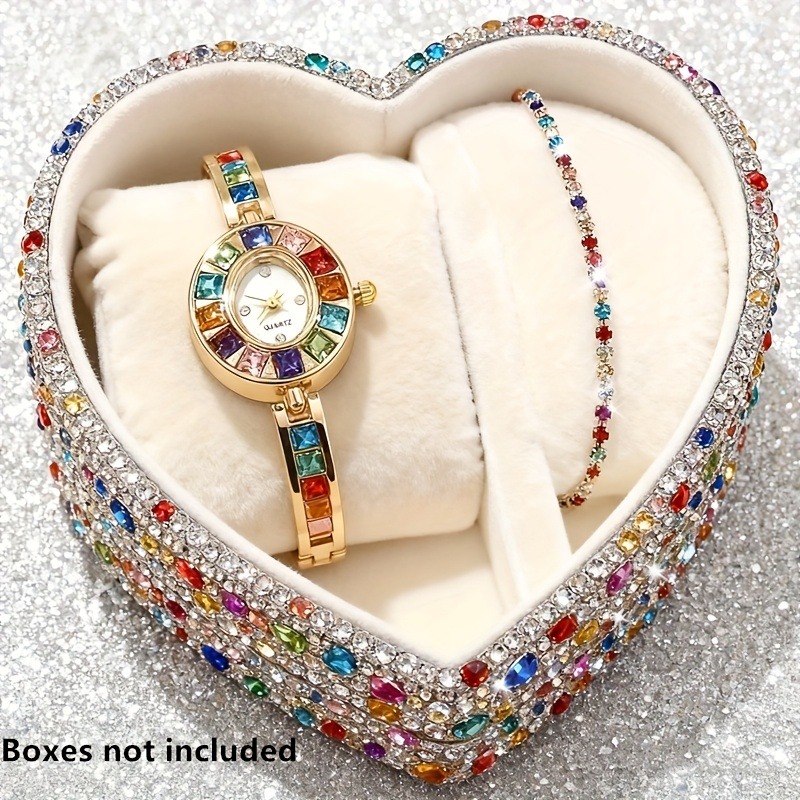 Jewelry Like Watches - 2 ชิ้น นาฬิกาข้อมือควอตซ์ผู้หญิงประดับเพชรหลากสีสัน ดีไซน์หรูหรา พร้อมสายแบบกำไลข้อมือ หน้าปัดรูปไข่