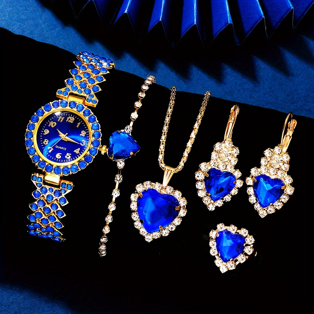 Jewelry Like Watches - 6PCS ผู้หญิงที่สง่างามแฟชั่นเครื่องประดับและนาฬิกาชุดสุภาพสตรีหน้าปัดไรน์สโตนสีฟ้านาฬิกาข้อมือควอตซ์,ชุดนาฬิกาเครื่องประดับหญิง
