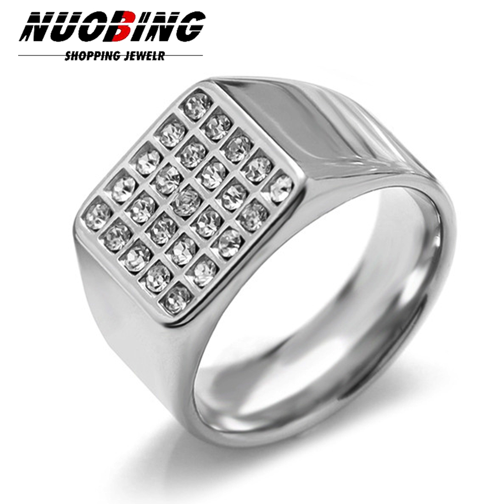 Moissanite Ring - แหวนตราประทับทรงสี่เหลี่ยมขนาด 14 มม. ประดับด้วยเพชรคิวบิกเซอร์โคเนียเงางาม สำหรับผู้ชาย วงแหวนสแตนเลส