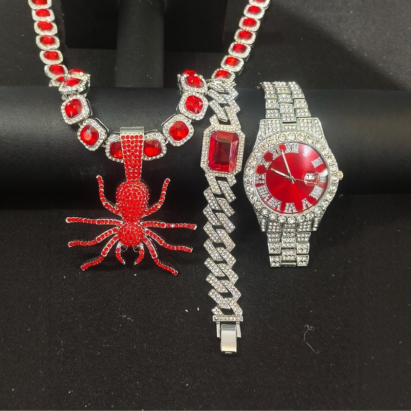Icebox Jewelry Watches - ชุดเครื่องประดับฮิปฮอปสำหรับผู้ชาย - นาฬิกาแบบโรมัน สร้อยคอและกำไลแบบคิวบาพร้อมจี้รูปแมงมุม ประดับเพชร สไตล์สตรีทแวร์